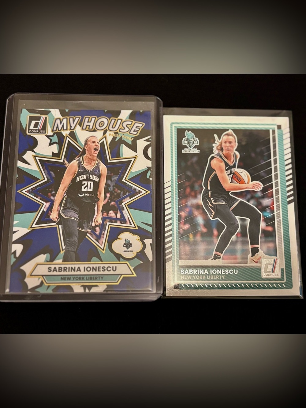 Sabrina Ionescu Basketball Cards a Blue Press Proof My House and Donruss Card
